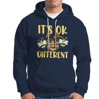 Navy autism awareness hoodie with front pocket, drawstring hood, and bee graphic text