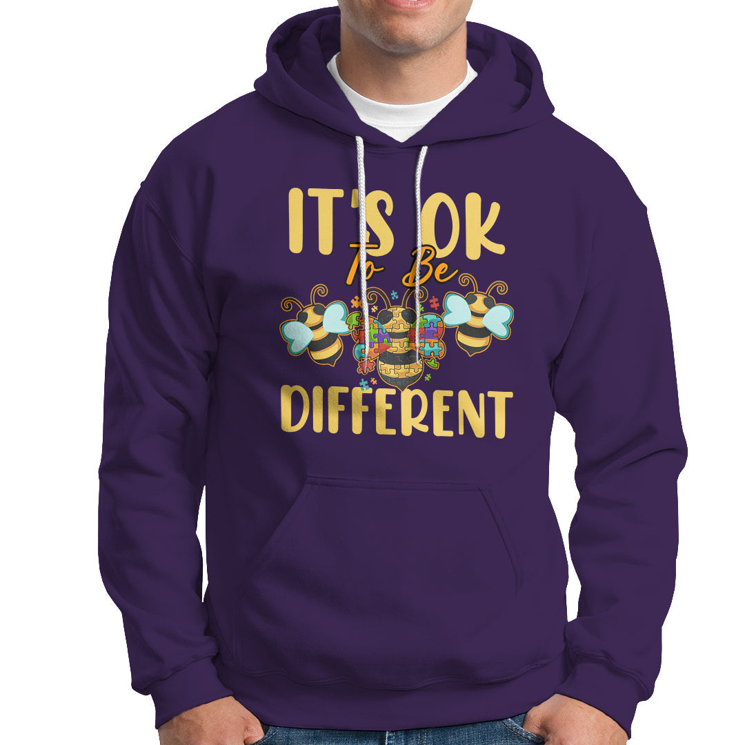 Purple autism awareness hoodie with front pocket, drawstring hood, and bee graphic text