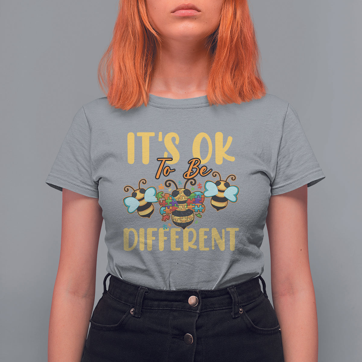 Women's bee graphic T-shirt, heather gray with colorful 'It's ok to be different' front print