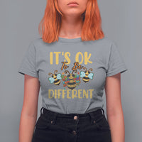Women's bee graphic T-shirt, heather gray with colorful 'It's ok to be different' front print