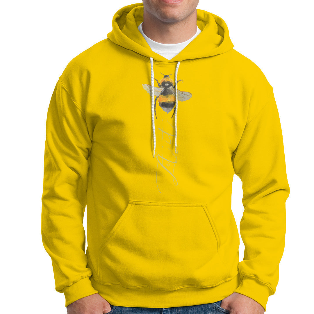 Yellow hooded sweatshirt with bee graphic and front pocket pouch