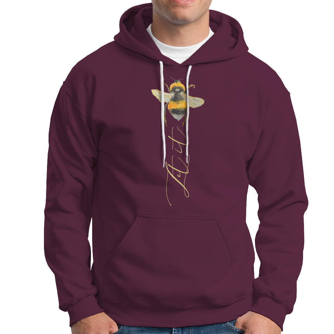 Maroon hooded sweatshirt with bee graphic and front pocket pouch