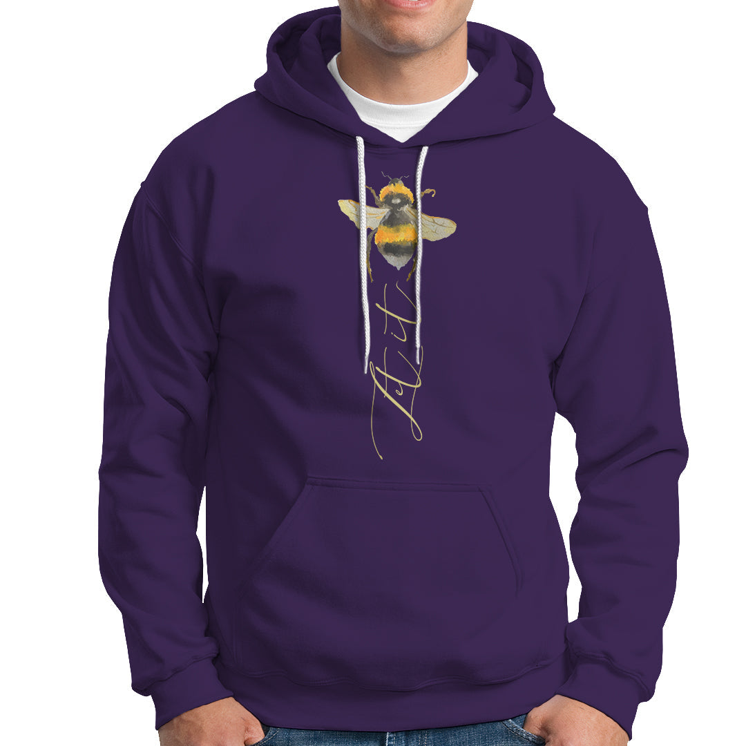 Purple hooded sweatshirt with bee graphic and front pocket pouch