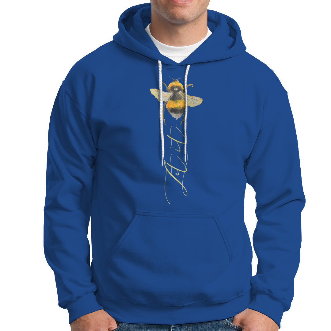 Royal blue hooded sweatshirt with bee graphic and front pocket pouch