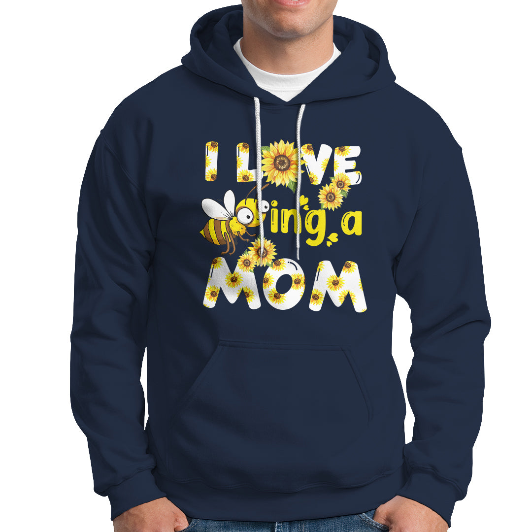 Navy sunflower bee mom hoodie with floral bee graphic and text, front kangaroo pocket