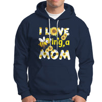 Navy sunflower bee mom hoodie with floral bee graphic and text, front kangaroo pocket