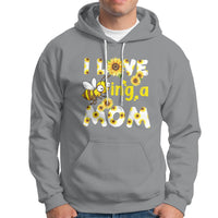 Sport gray sunflower bee mom hoodie with floral bee graphic and text, front kangaroo pocket