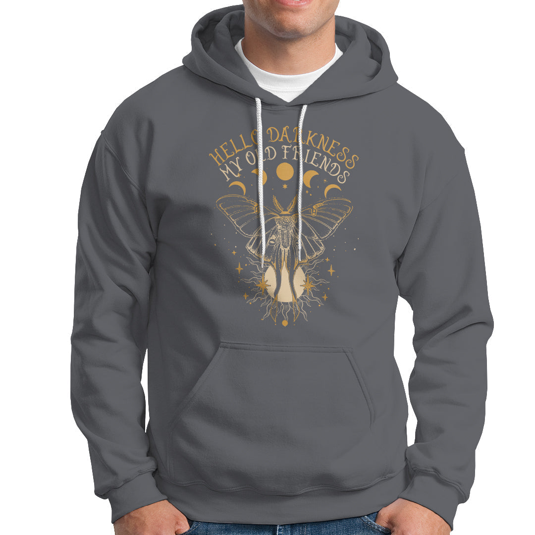 Women's charcoal gray hooded sweatshirt with moth graphic and front kangaroo pocket