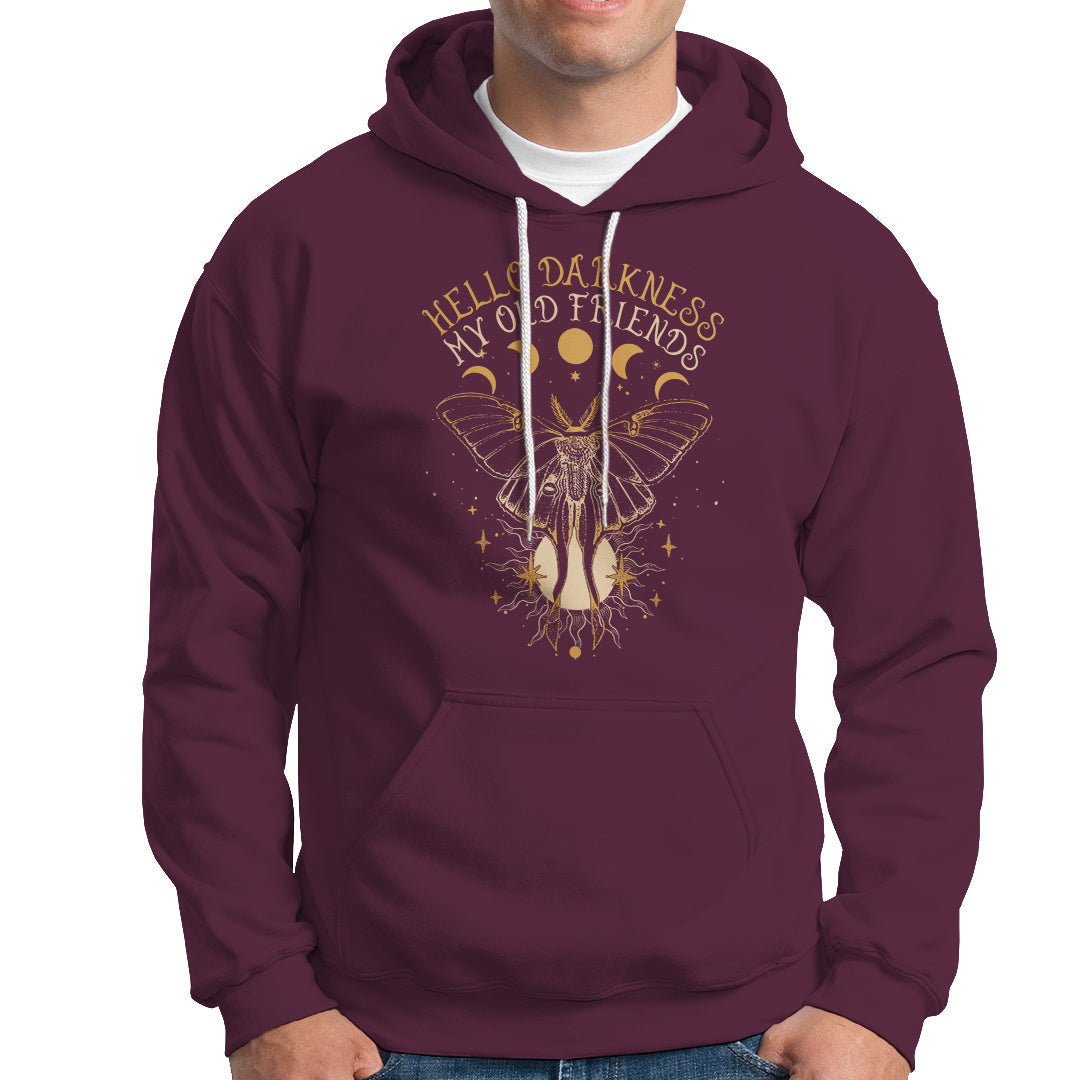 Women's maroon hooded sweatshirt with moth graphic and front kangaroo pocket