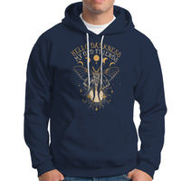 Women's navy hooded sweatshirt with moth graphic and front kangaroo pocket
