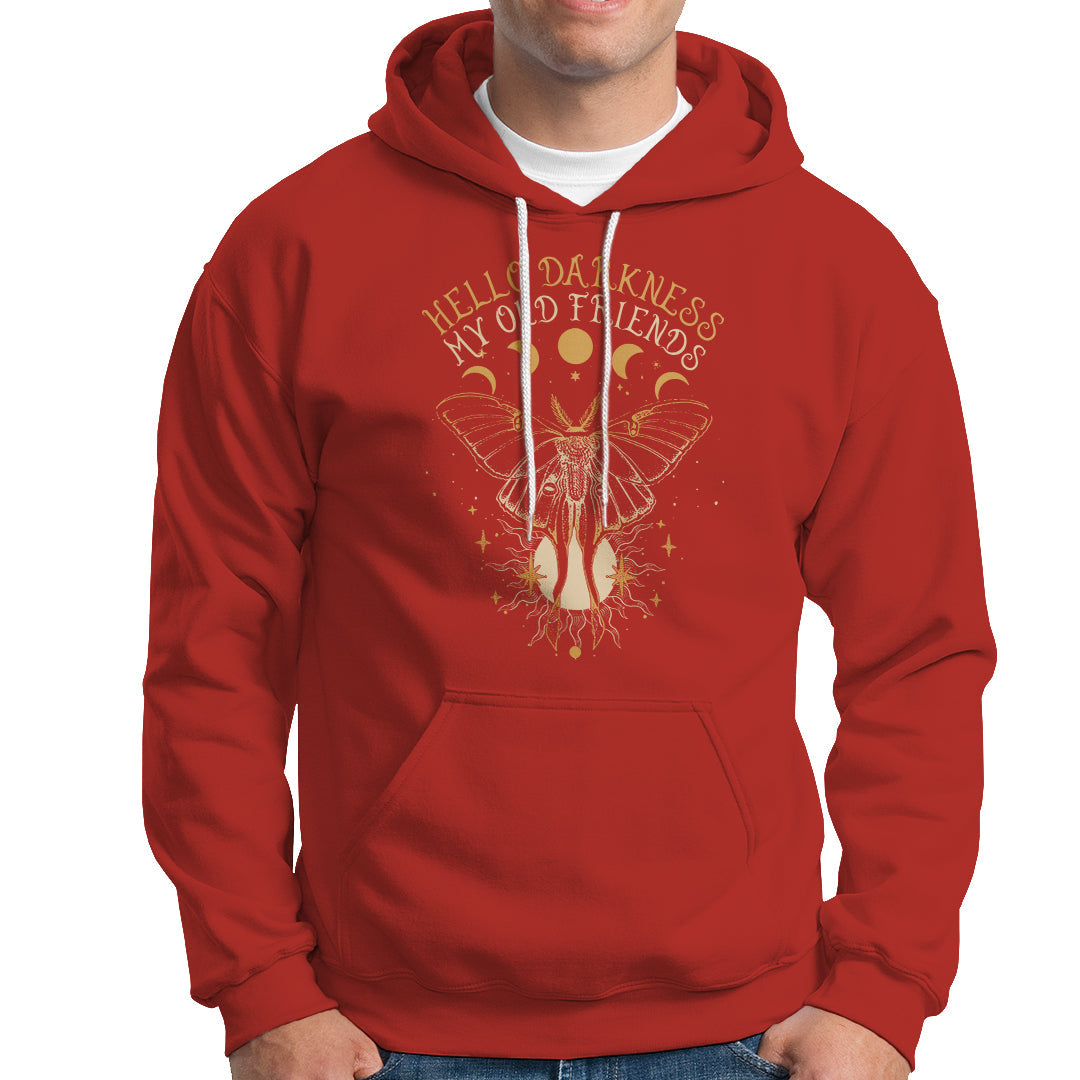 Women's red hooded sweatshirt with moth graphic and front kangaroo pocket