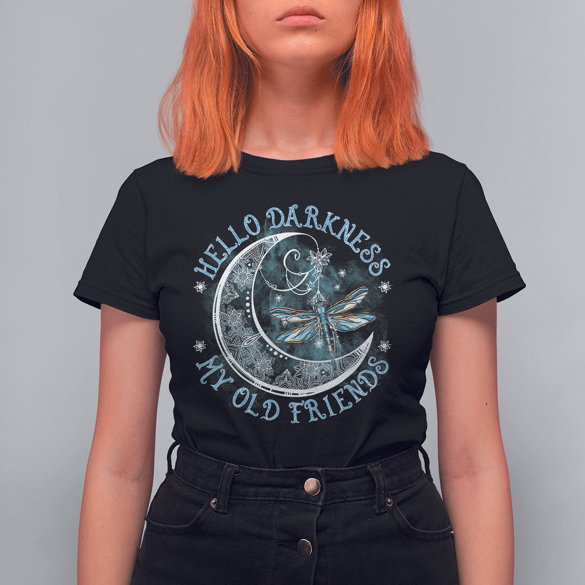 Women’s black moon and dragonfly graphic T-shirt with circular front design