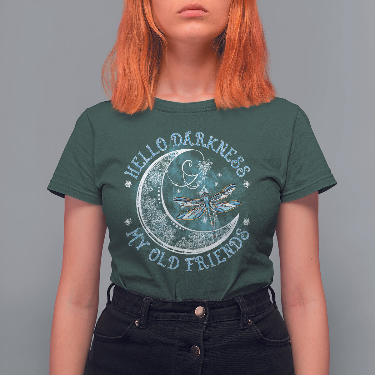 Women’s dark green graphic T-shirt with moon and dragonfly circular front print