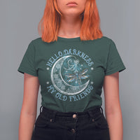 Women’s dark green graphic T-shirt with moon and dragonfly circular front print