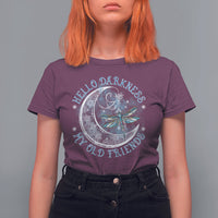 Women’s purple graphic T-shirt with moon and dragonfly emblem on the front