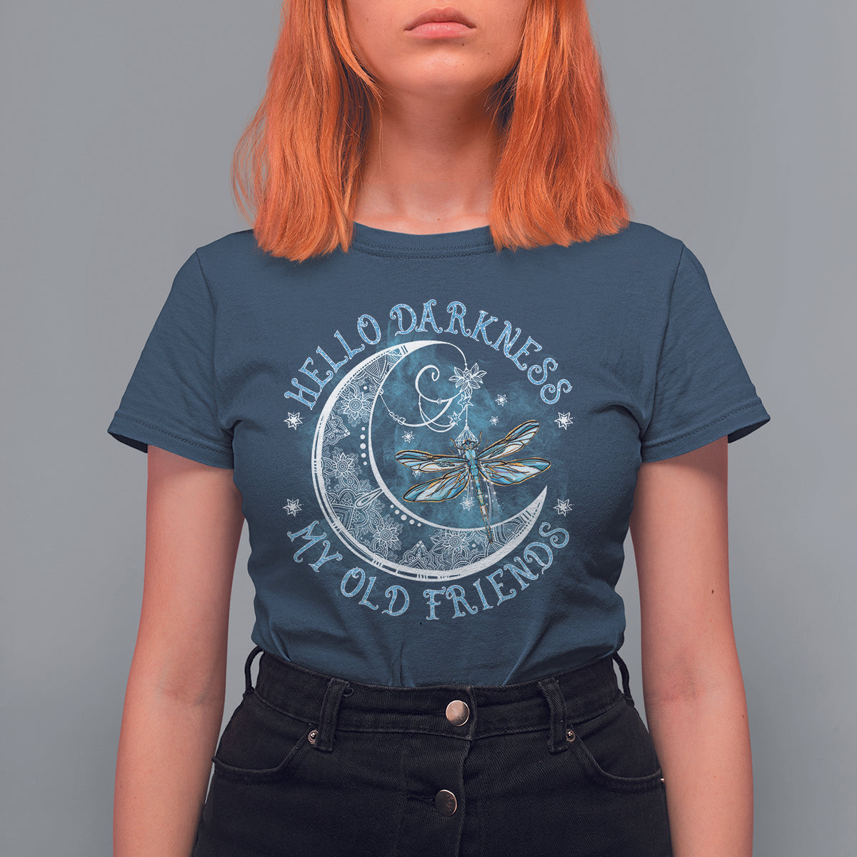 Women’s dark blue graphic T-shirt with moon and dragonfly art on the front