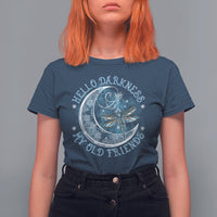 Women’s dark blue graphic T-shirt with moon and dragonfly art on the front