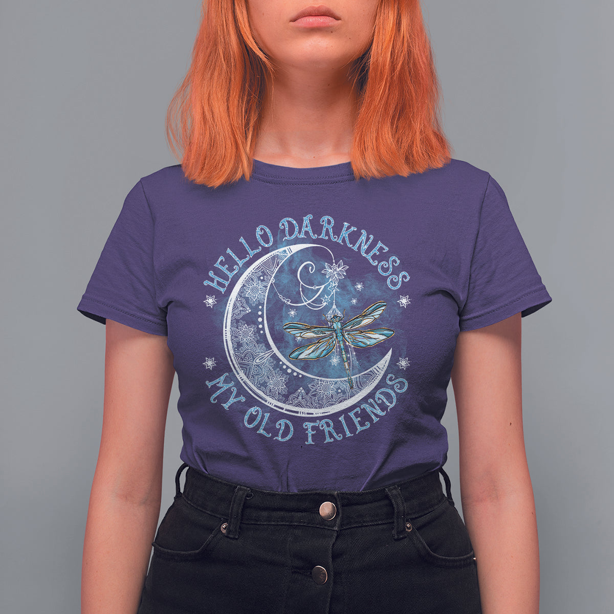 Women’s purple moon and dragonfly graphic T-shirt with circular front design