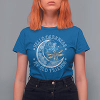 Women’s blue graphic T-shirt featuring moon and dragonfly emblem front print