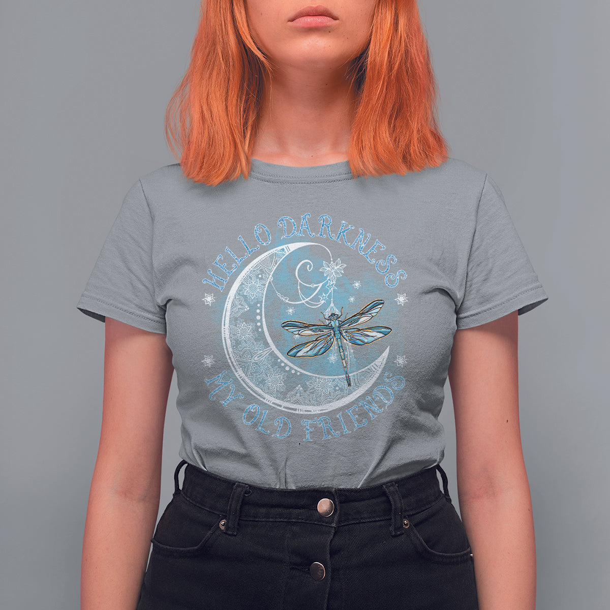 Women’s gray graphic T-shirt with moon and dragonfly emblem front print