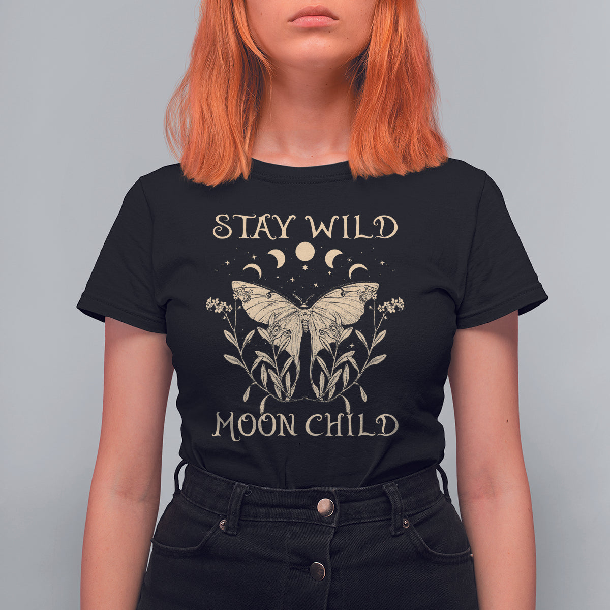 Black women's moth graphic T-shirt with “Stay Wild Moon Child” moon phase print