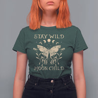 Dark forest green women's moth graphic T-shirt with “Stay Wild Moon Child” moon phase print