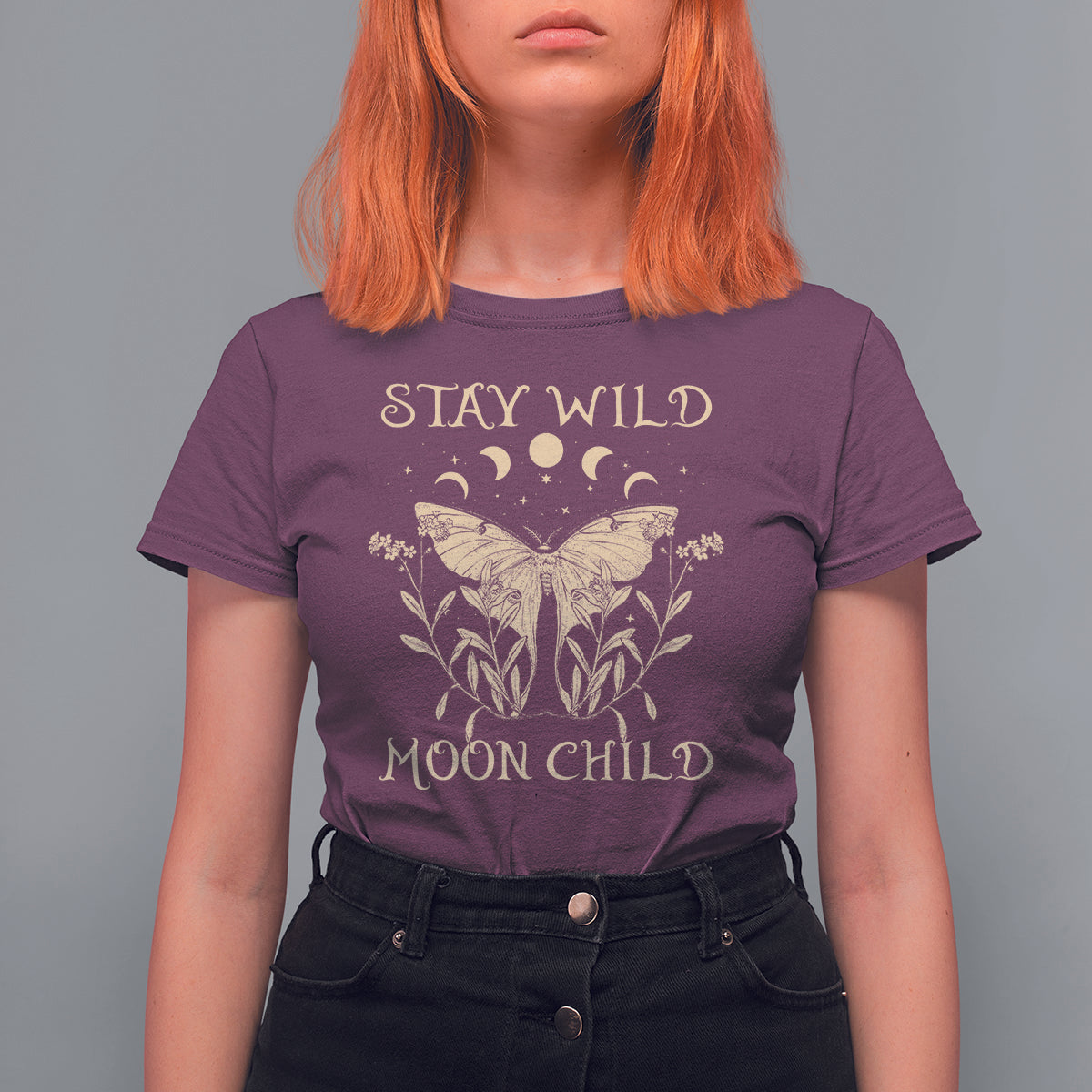 Purple women's moth graphic T-shirt with “Stay Wild Moon Child” moon phase print