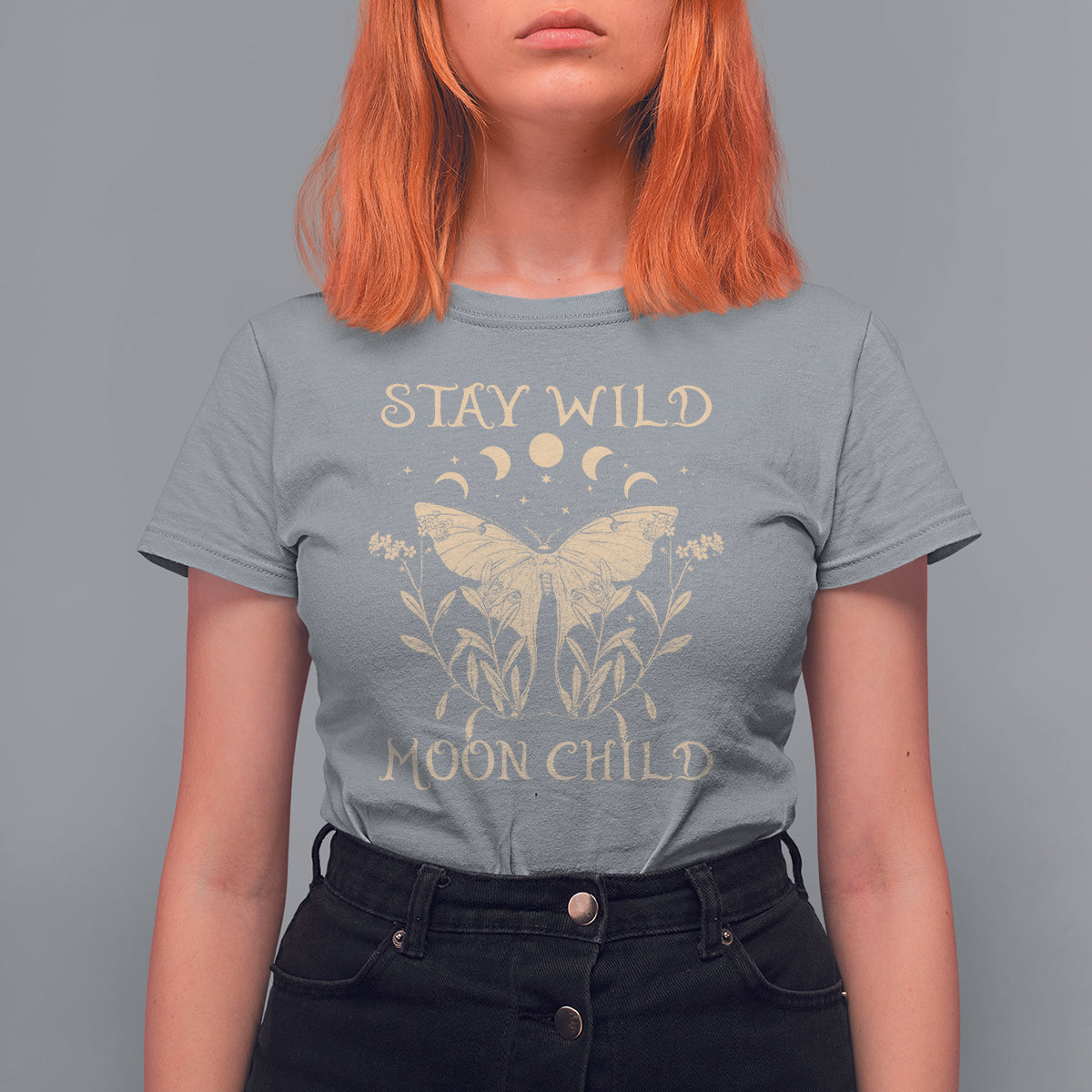 Sport gray women's moth graphic T-shirt with “Stay Wild Moon Child” moon phase print