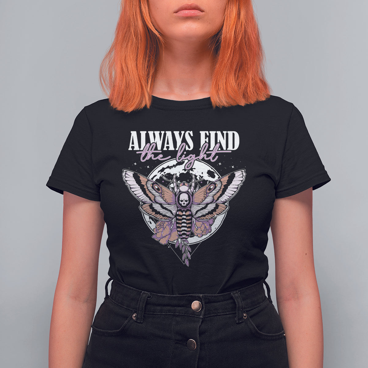 Women’s black T-shirt with moth graphic and “Always Find the Light” text on chest