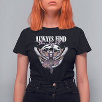 Women’s black T-shirt with moth graphic and “Always Find the Light” text on chest