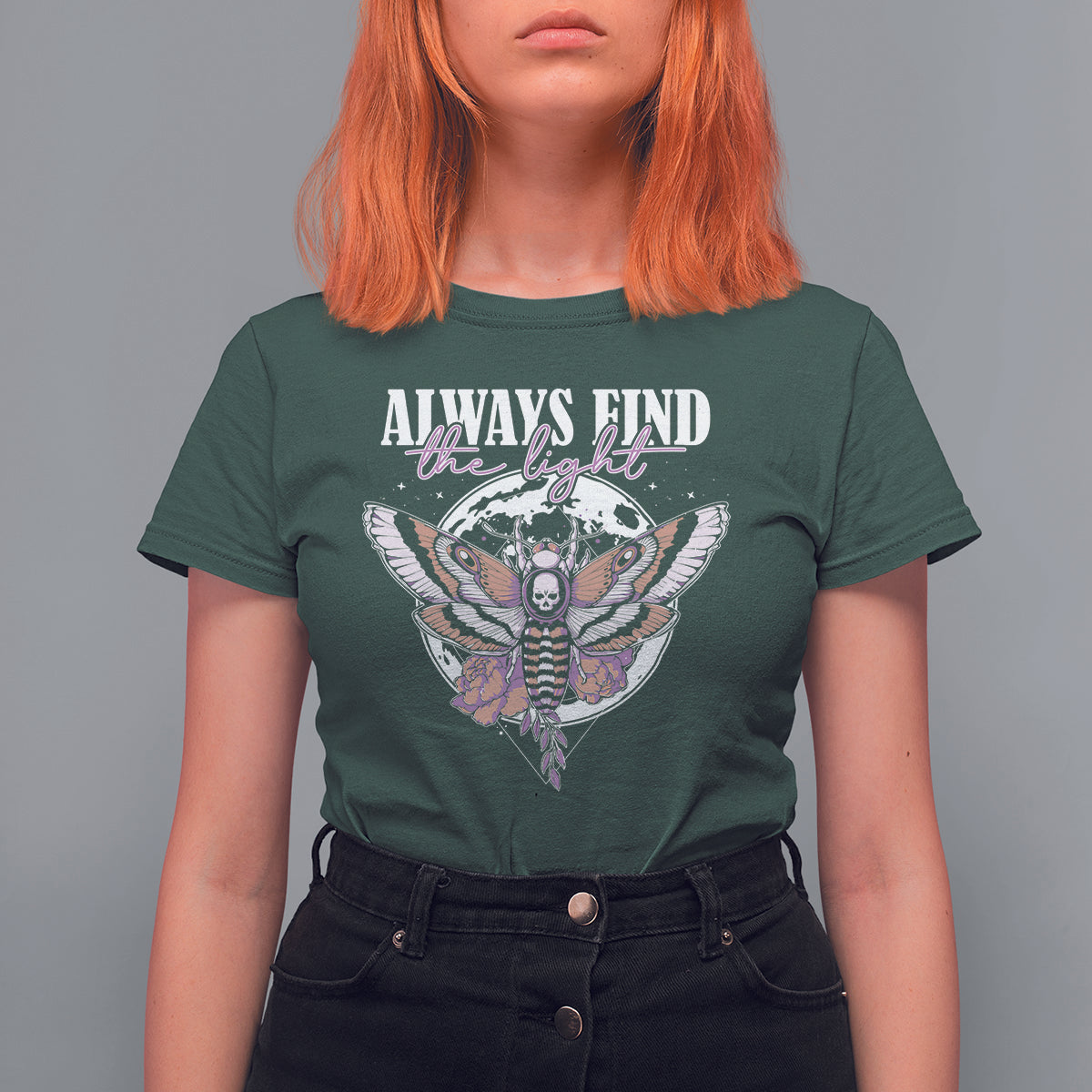 Women’s dark green T-shirt with moth graphic and “Always Find the Light” text on chest