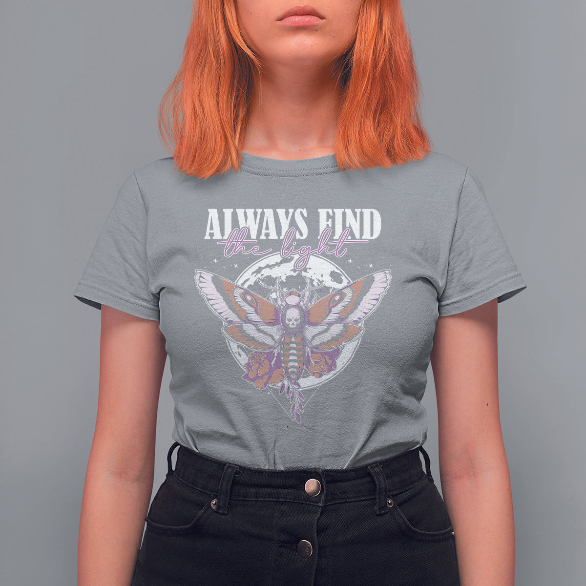 Women’s gray T-shirt with moth graphic and “Always Find the Light” text on chest