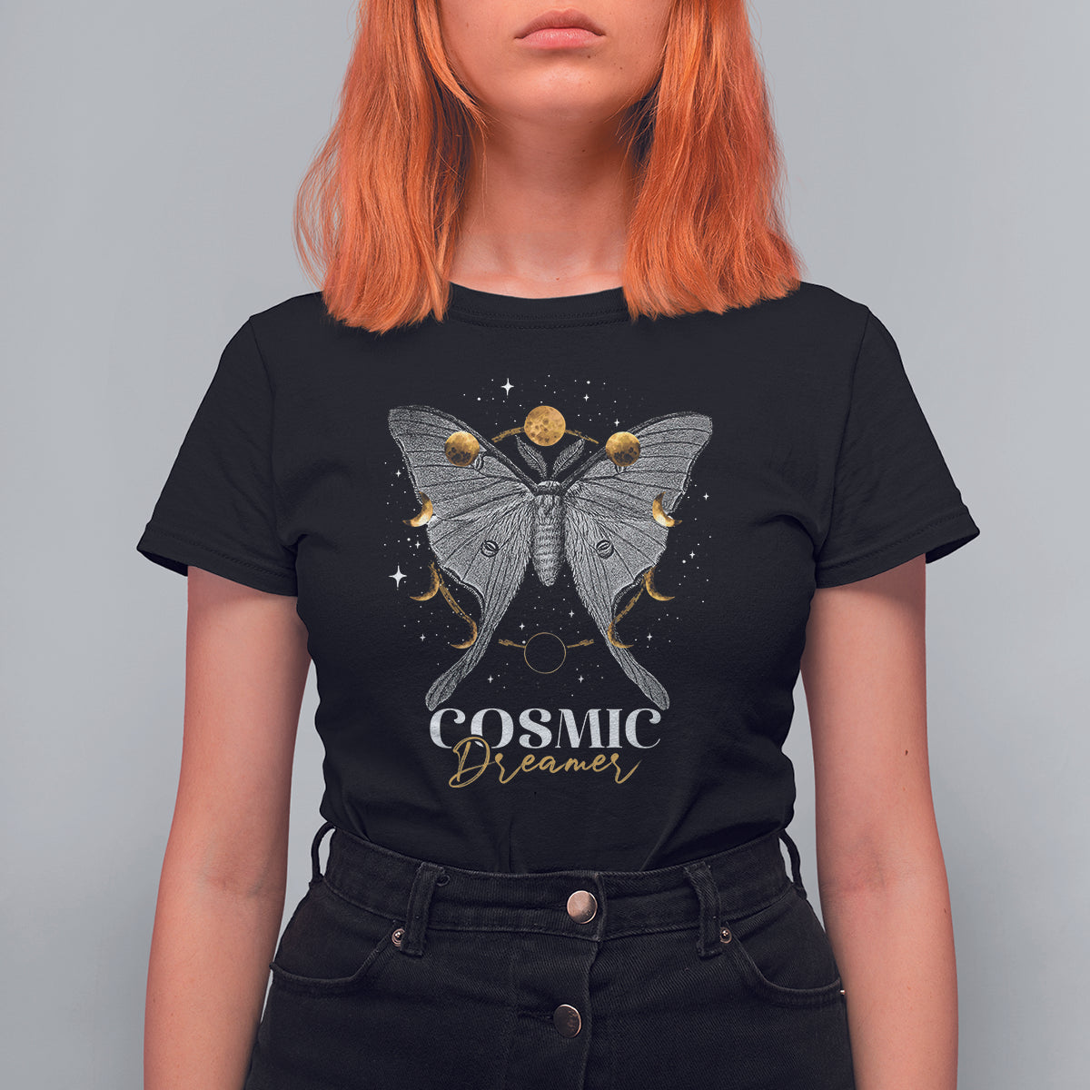 Women’s moth graphic T-shirt, black crewneck with “COSMIC Dreamer” print