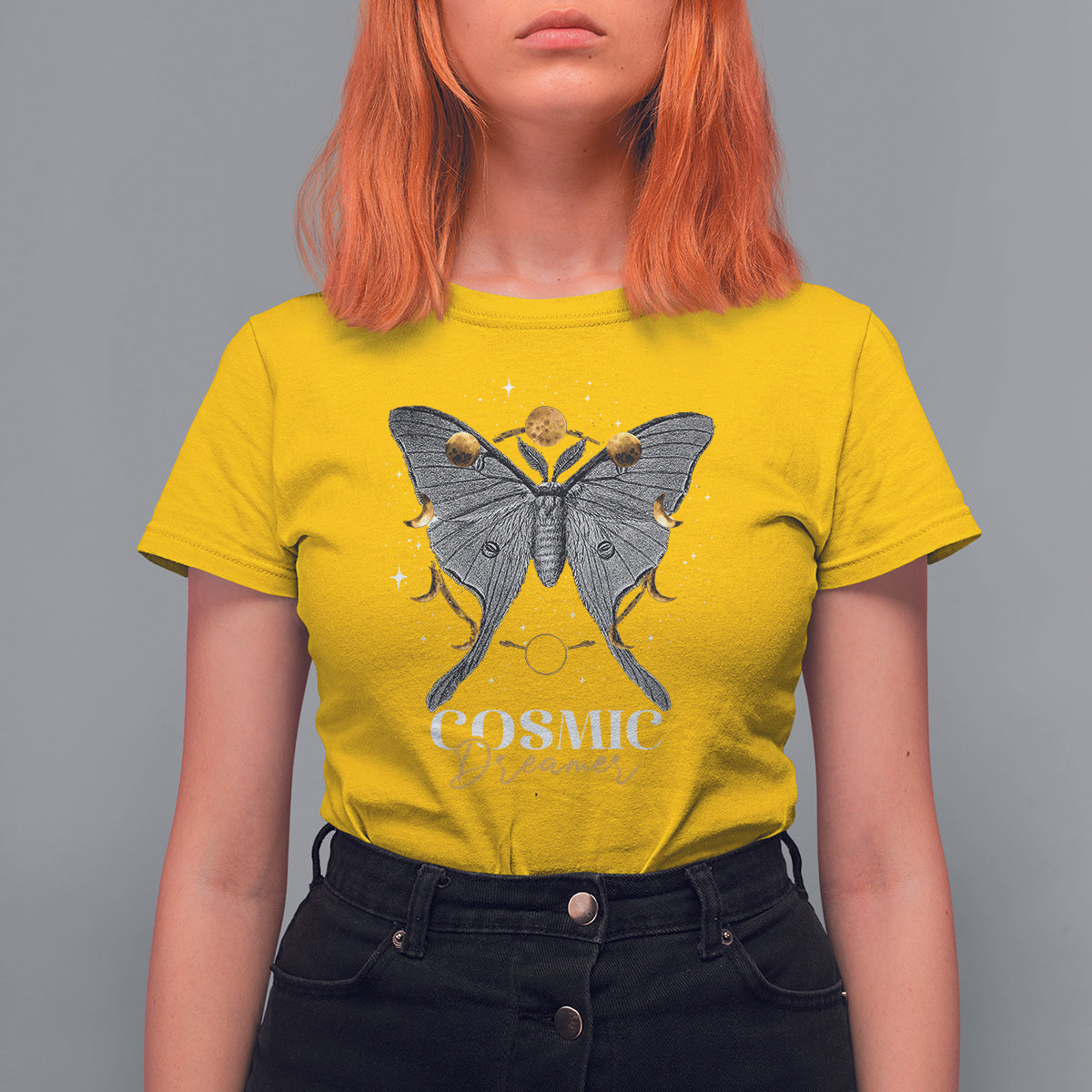 Women’s moth graphic T-shirt, daisy yellow crewneck with “COSMIC Dreamer” print