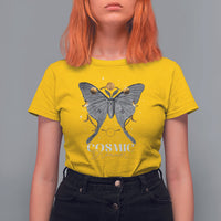 Women’s moth graphic T-shirt, daisy yellow crewneck with “COSMIC Dreamer” print