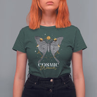 Women’s moth graphic T-shirt, dark forest green crewneck with “COSMIC Dreamer” print