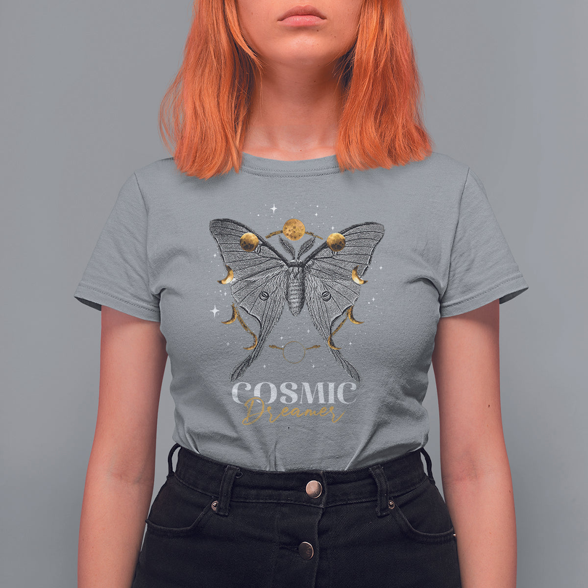 Women’s moth graphic T-shirt, sport gray crewneck with “COSMIC Dreamer” print