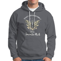 Charcoal gray moth graphic hoodie with front kangaroo pocket, drawstring hood, text design