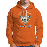 Orange moth graphic hoodie with front kangaroo pocket, drawstring hood, bold text print
