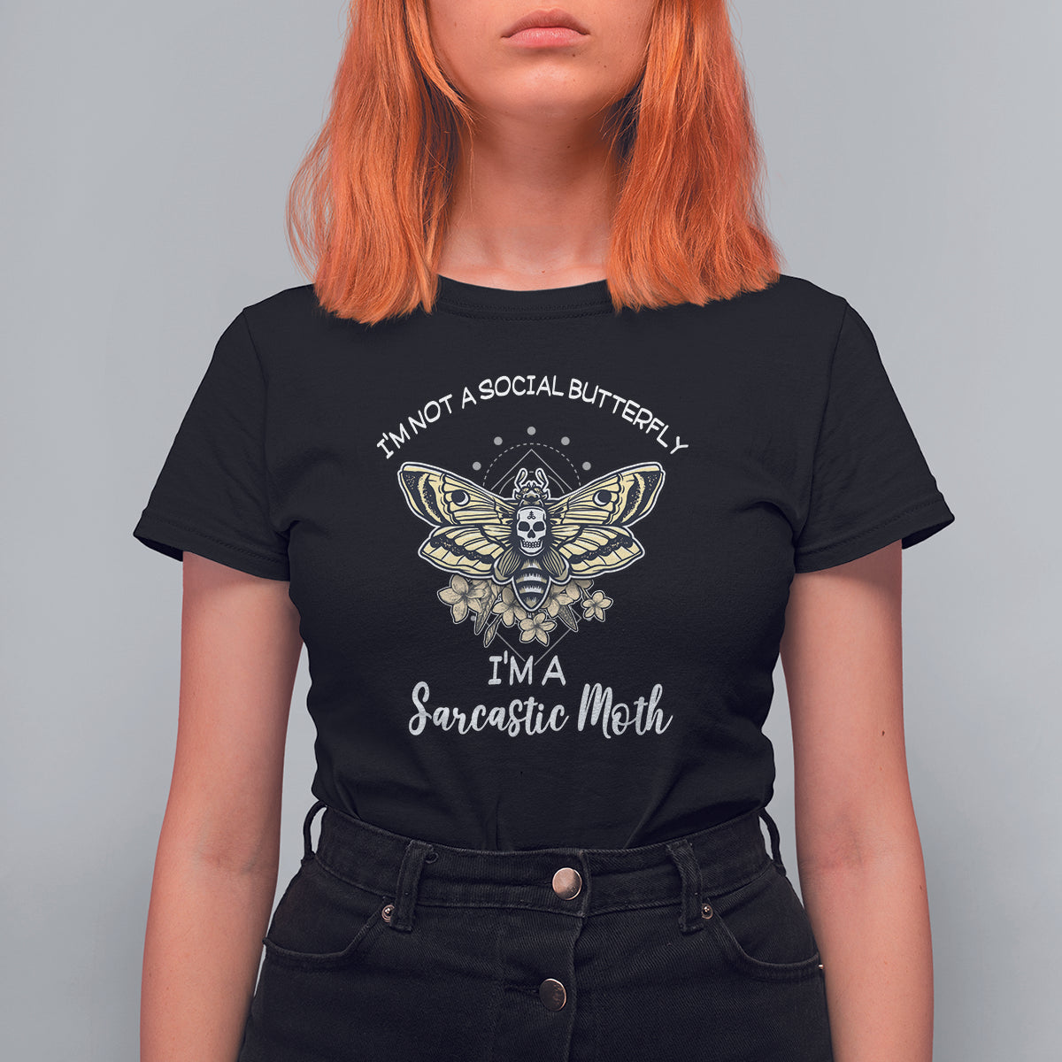 Black women's graphic T-shirt with moth illustration and 'Sarcastic Moth' text