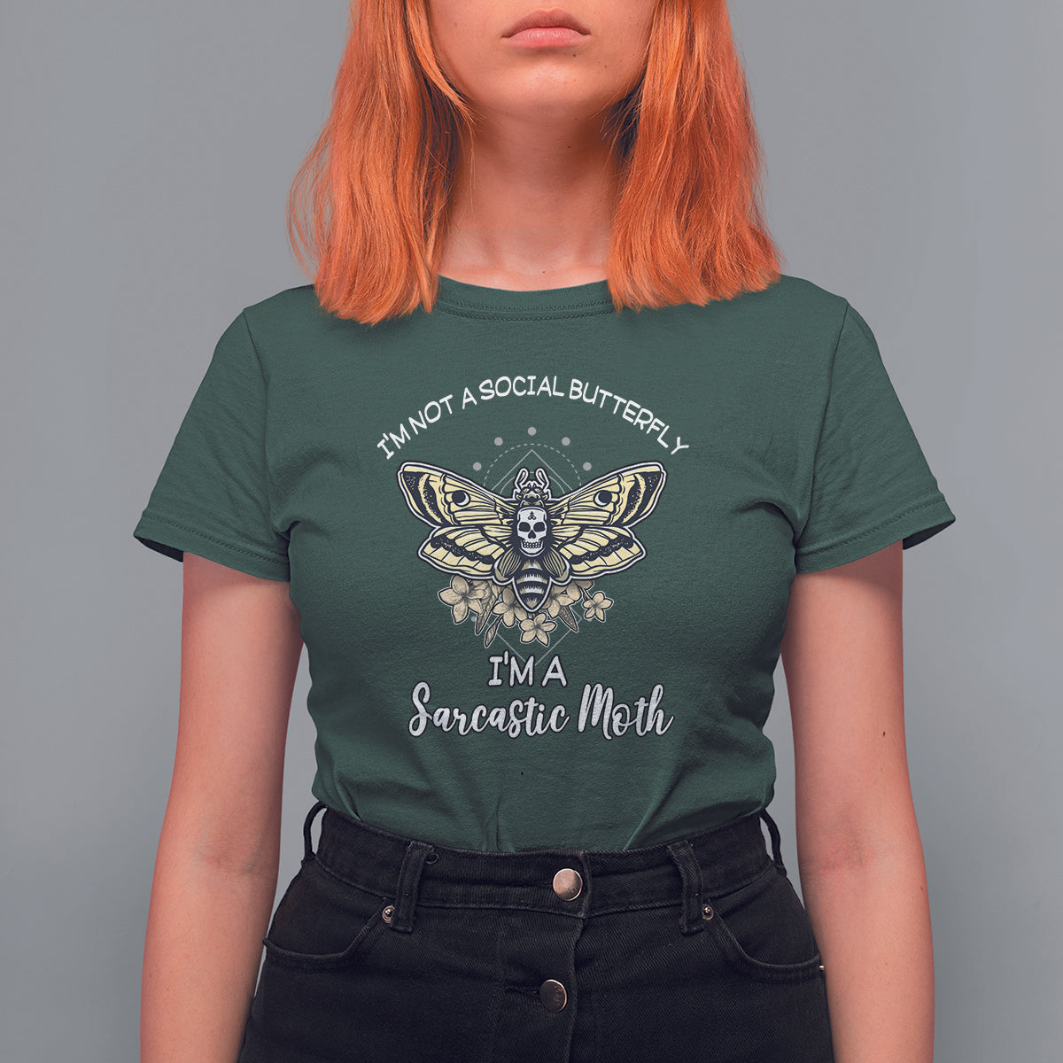Dark forest green women's graphic T-shirt with moth illustration and 'Sarcastic Moth' text