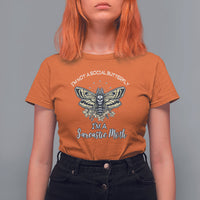 Orange women's graphic T-shirt with moth illustration and 'Sarcastic Moth' text