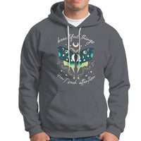 Charcoal women's hoodie with hood and front pocket; turquoise moth crescent moon graphic.