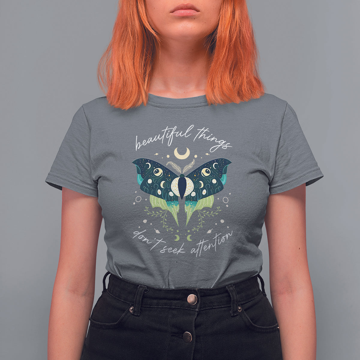 Women’s charcoal gray T-shirt with teal moth and crescent moon illustration, “beautiful things”