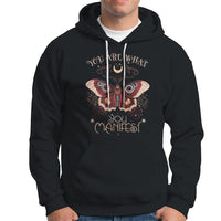 Black hoodie with front moth graphic and "You Are What You Manifest" text