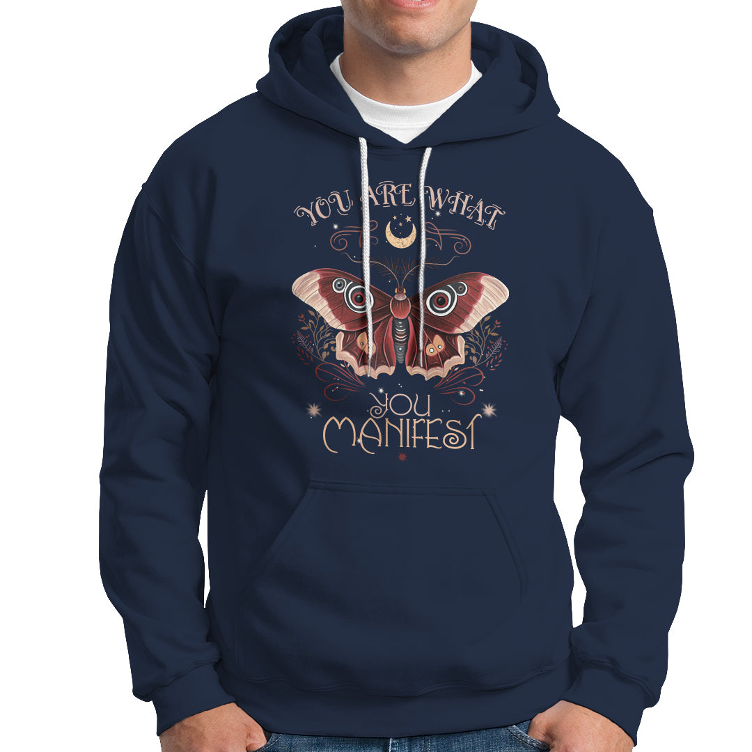 Navy hoodie with front moth graphic and "You Are What You Manifest" text