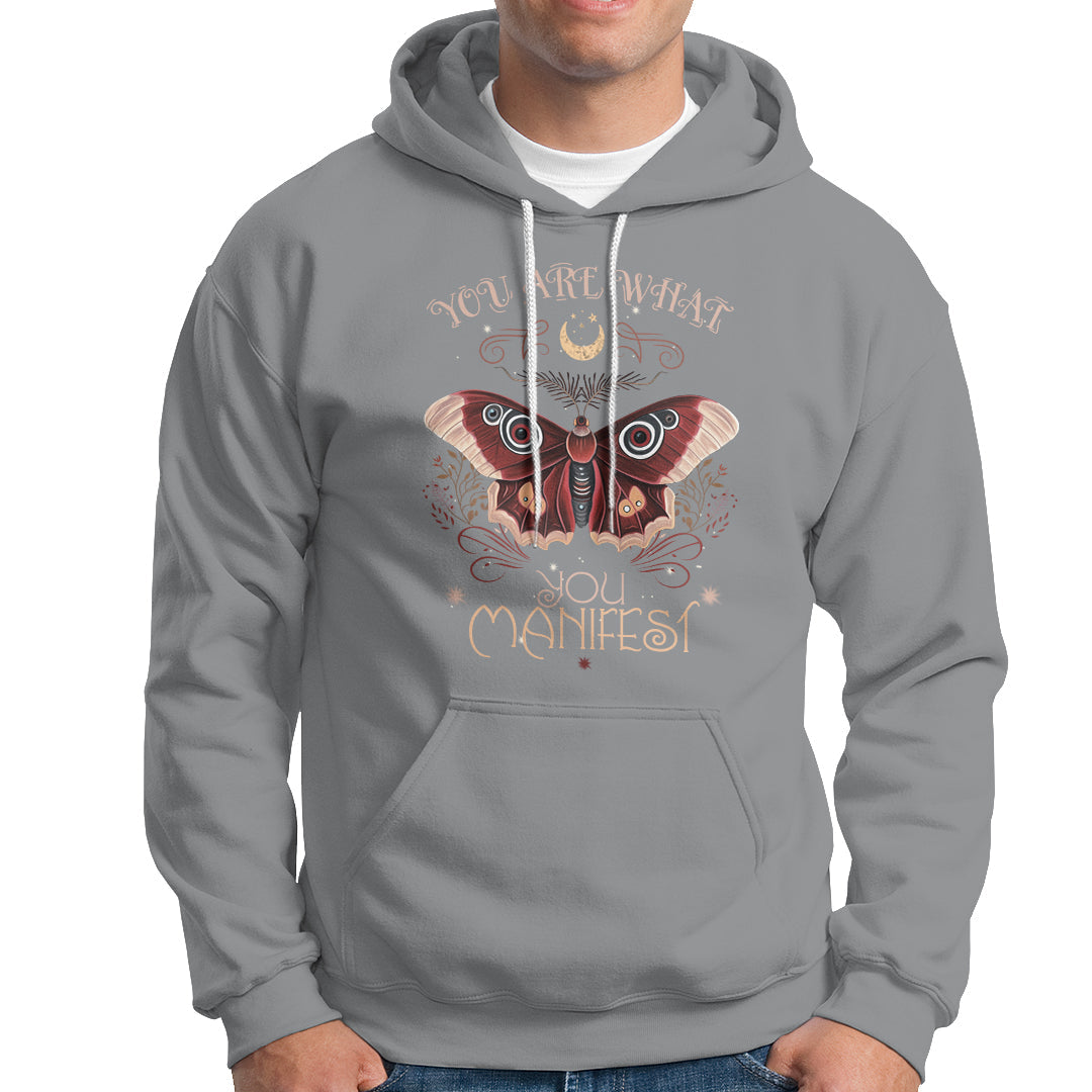 Sport gray hoodie with front moth graphic and "You Are What You Manifest" text