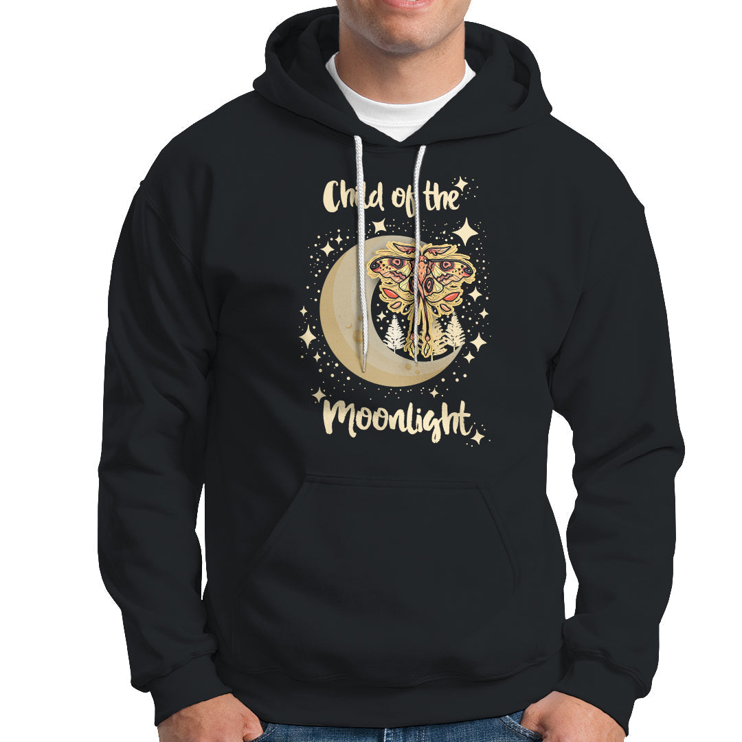 Black moth graphic hoodie with hood and front pocket; moon crescent print