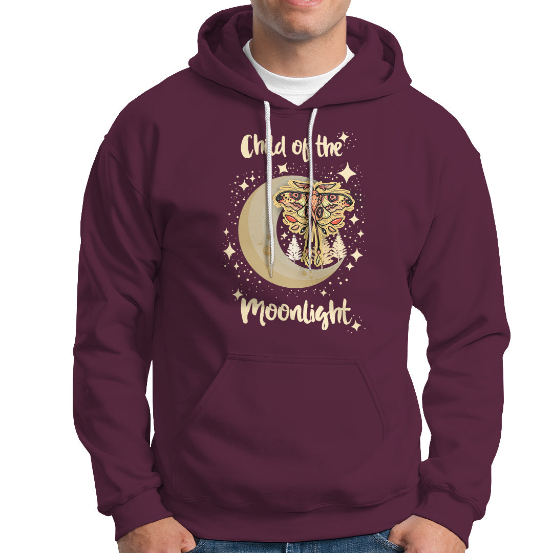 Maroon moth graphic hoodie with hood and front pocket; moon crescent print