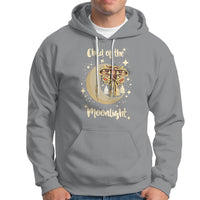 Sport gray moth graphic hoodie with hood and front pocket; moon crescent print
